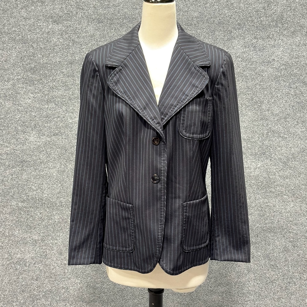 Max Mara Blazer Womens 14 Blue Pinstripe Wool Blend 3 Button Jacket Italy Career